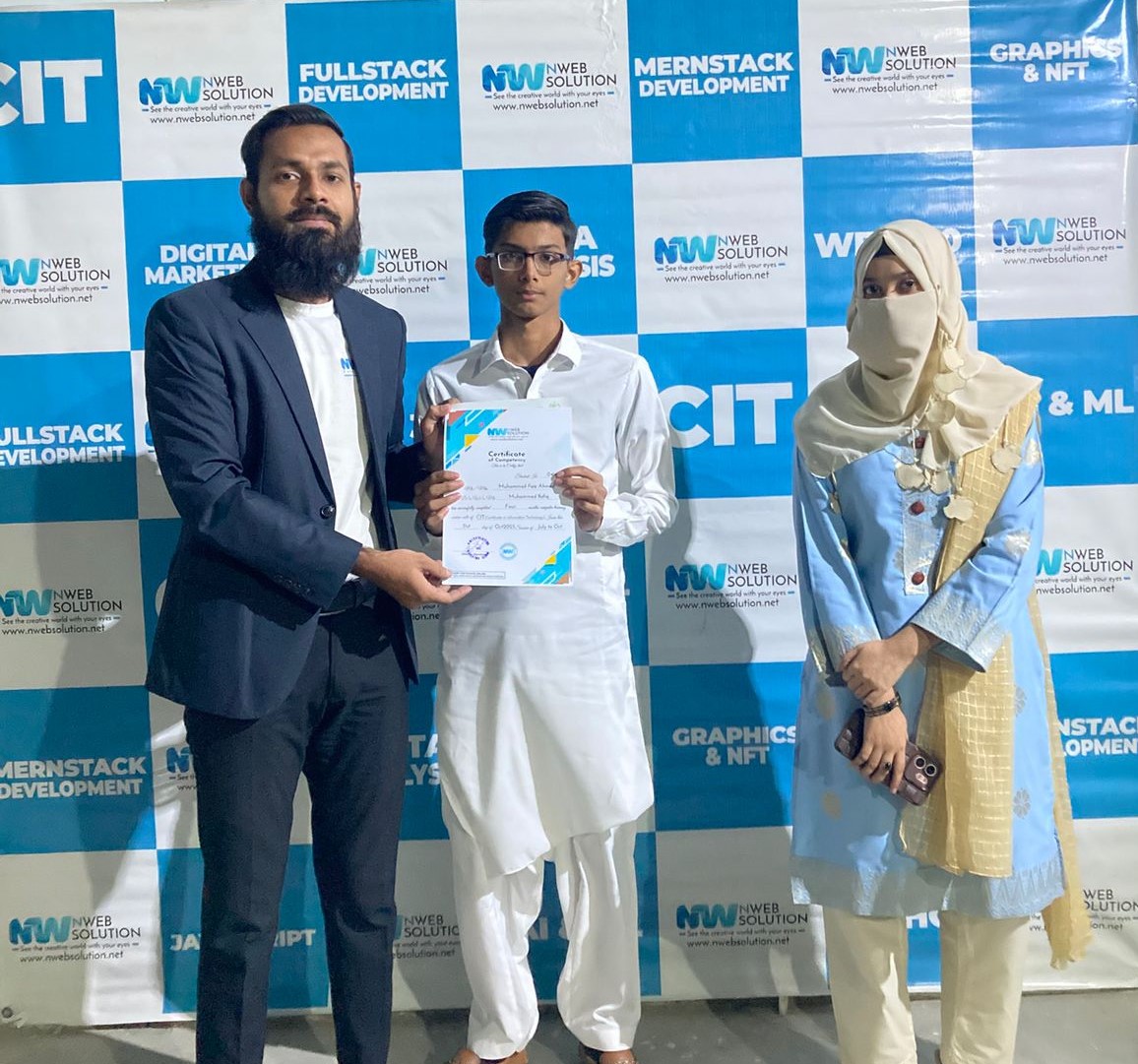 A proud certification ceremony led by Muhammad Bilal Shamshad, CEO of Nweb Solution, recognizing the dedication and achievements of students who successfully completed their professional training programs. At Nweb Solution, we believe in empowering learne